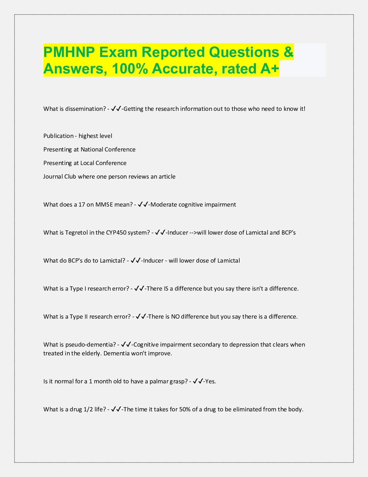 Preview image for PMHNP Exam Reported Questions &  Answers, 100% Accurate, rated A+